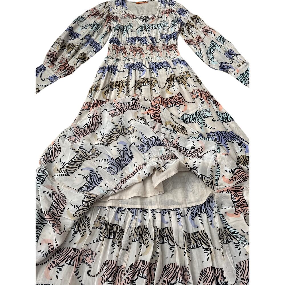Oliphant Cuff Sleeve Smocked Waist Colorful Tiger Print Maxi Size Medium - Picture 7 of 10
